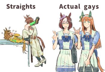4girls agnes_tachyon_(tach-nology)_(umamusume) agnes_tachyon_(umamusume) animal_ears bag blue_bow blue_bowtie blue_shirt blush bow bowtie braid brown_hair closed_eyes closed_mouth coat commentary dry_humping english_text green_eyes half_up_braid hashtag-only_commentary high_heels holding holding_bag horse_ears horse_girl horse_tail humping jacket jeremr jungle_pocket_(umamusume) long_hair long_sleeves looking_at_viewer medium_hair multiple_girls open_mouth orange_hair pleated_skirt school_bag school_uniform shirt silence_suzuka_(umamusume) simple_background skirt sleeves_past_fingers sleeves_past_wrists smile special_week_(umamusume) tail tracen_school_uniform umamusume v white_background white_coat white_skirt white_streaks yellow_jacket yuri