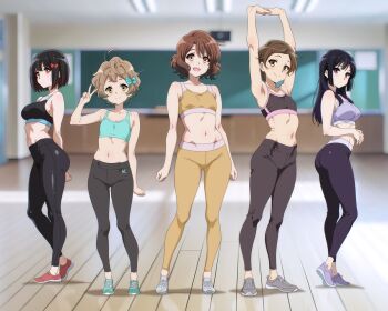 4girls :d ahoge aqua_shoes aqua_sports_bra armpits arms_up ass bare_arms black_hair black_pants black_sports_bra blurry blurry_background bob_cut bow breasts brown_hair chalkboard classroom closed_mouth collarbone day flat_chest full_body hair_bow hair_ornament hairclip hibike!_euphonium hisaishi_kanade indoors katou_hazuki kawashima_sapphire kousaka_reina long_hair looking_at_viewer medium_breasts midriff multiple_girls navel open_mouth oumae_kumiko pants pixie_cut purple_eyes purple_pants purple_shoes red_eyes red_shoes sbel02 shoes short_hair small_breasts smile sports_bra standing stomach stretching v white_shoes yellow_eyes yellow_pants yellow_sports_bra yoga_pants