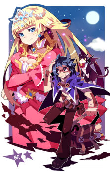 Rule 34 | animal, aqua eyes, archived source, artist name, bag, bandaid, bandaid on cheek, bandaid on face, belt, belt pouch, bf. (sogogiching), black cat, black eyes, black fur, black hair, black wings, blue cloak, blue eyes, blue gemstone, blue sky, blunt bangs, bolt (hardware), bow, bowtie, boy alchemist, breasts, brown bag, brown belt, brown pants, brown shoes, bustier, cat, cloak, closed mouth, cloud, collar, colored sclera, commentary request, crossed arms, crossed belts, demon tail, demon wings, derek (boy alchemis), detached collar, dot nose, earrings, flask, full moon, fur-trimmed bustier, gem, glasses, illina, jewelry, juliet sleeves, korean commentary, lace-trimmed sleeves, lace trim, light particles, long hair, long skirt, long sleeves, looking at another, medium breasts, medium hair, messenger bag, moon, night, night sky, official art, outline, pants, pince-nez, pink bustier, pink skirt, pink sleeves, pouch, puffy sleeves, purple eyes, purple pupils, rectangular eyewear, red-framed eyewear, red bow, red bowtie, round-bottom flask, seed novel, shirt, shoes, shoulder bag, signature, silver tiara, single tear, skirt, sky, smile, split mouth, tail, teeth, test tube, tiara, tuxedo cat, two-tone fur, very long hair, white collar, white fur, white outline, white tiara, wide sleeves, wings, yellow sclera, yellow shirt, yellow sleeves