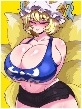 1girl animal_ears arms_under_breasts black_shorts blonde_hair border breasts cleavage cowboy_shot crossed_arms fox_ears fox_tail hat highres huge_breasts kitsune mob_cap mole mole_on_breast multiple_tails parted_lips seireiart short_hair short_shorts shorts solo tail tank_top touhou white_border yakumo_ran yellow_background