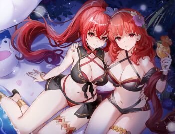 2girls ;) absurdres alternate_color armlet beach bikini black_bikini breasts brown_bikini celica_(fire_emblem) celica_(imprisoned_soul)_(fire_emblem) celica_(summer)_(fire_emblem) cleavage criss-cross_halter crossed_bangs cup dark_persona expressionless female_alear_(fell_child)_(fire_emblem) female_alear_(fire_emblem) female_alear_(seaside_dragon)_(fire_emblem) fire_emblem fire_emblem_echoes:_shadows_of_valentia fire_emblem_engage fire_emblem_heroes flower from_above gluteal_fold gold_armlet gold_thighlet hair_flower hair_ornament halterneck haru_(nakajou-28) highres holding holding_cup jewelry large_breasts long_hair looking_at_viewer looking_up medium_breasts multiple_girls navel nintendo ocean official_alternate_costume official_alternate_hairstyle one_eye_closed orange_eyes orange_hair outdoors ponytail red_bikini red_eyes red_hair second-party_source shaded_face smile stomach swimsuit thighlet thighs very_long_hair white_bikini