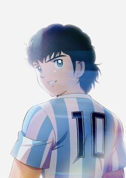 1boy argentina argentinian_flag argentinian_flag_print black_eyes black_hair captain_tsubasa commentary_request curly_hair flag_print from_behind grin highres ishibashi_daisuke juan_diaz looking_at_viewer male_focus shirt short_hair short_sleeves simple_background smile soccer_uniform solo sportswear striped_clothes striped_shirt upper_body vertical-striped_clothes vertical-striped_shirt white_background
