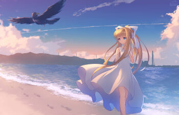 Rule 34 | 1girl, air (visual novel), alternate costume, backlighting, beach, bird, black bird, blonde hair, blue eyes, blue sky, closed mouth, cloud, commentary request, contrail, cumulonimbus cloud, day, dress, feet out of frame, floating clothes, floating hair, flying, footprints, hair ribbon, highres, horizon, kamio misuzu, long hair, looking at animal, looking to the side, ocean, outdoors, ponytail, ribbon, scenery, shiki hamaguri, sidelocks, signature, single hair intake, sky, sleeveless, sleeveless dress, smile, solo, sora (air), split mouth, standing, straight hair, sundress, twitter username, very long hair, white dress, white ribbon, wind