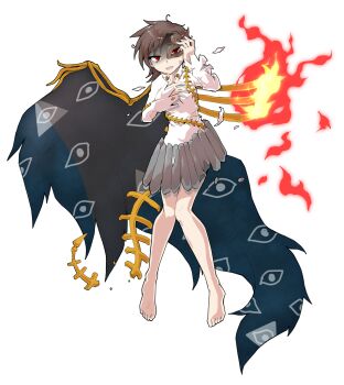 1girl alphes_(style) barefoot breasts brown_hair collared_shirt commentary_request dairi eye_mask eye_of_providence eye_print fire full_body hand_up highres iwanaga_ariya large_variant_set long_sleeves mask medium_breasts parody shaded_face shirt short_hair solo style_parody tachi-e torn_clothes touhou transparent_background variant_set white_sleeves wings