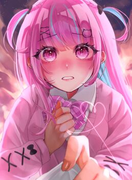 Rule 34 | 1girl, aegyo sal, akari si2, aqua hair, black bow, blush, bow, bowtie, braid, cardigan, cat hair ornament, collared shirt, colored inner hair, commentary, fingerless gloves, fingernails, gloves, hair bow, hair ornament, hairclip, heart, heart in eye, highres, hololive, long hair, looking at viewer, minato aqua, minato aqua (school uniform), multicolored hair, nail polish, parted lips, pink bow, pink bowtie, pink cardigan, pink eyes, pink hair, pink lips, plaid bow, plaid bowtie, plaid clothes, shirt, sky, star (sky), starry sky, streaked hair, symbol in eye, two-tone hair, two side up, virtual youtuber, white shirt