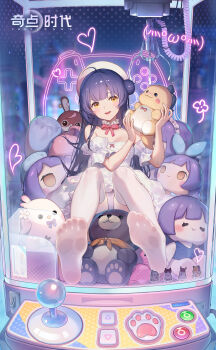 1girl :d absurdres ahoge bare_shoulders beret blue_hair blurry blurry_background character_doll controller copyright_name crane_game crazy_ones detached_collar detached_sleeves doll drawn_heart dress emoticon feet foot_focus foot_on_glass full_body game_controller_print hair_bun hands_up hat highres holding holding_stuffed_toy in_crane_game joystick kaomoji knees_up logo long_hair looking_at_viewer neck_ribbon no_shoes official_art open_mouth panties pink_ribbon qianye_zhizi ribbon short_dress short_sleeves single_side_bun sitting sleeveless sleeveless_dress smile solo strapless strapless_dress stuffed_dinosaur stuffed_toy thighhighs underwear white_dress white_hat white_panties white_thighhighs yellow_eyes