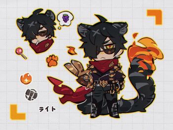 1boy :&lt; ahoge animal_ears belt black_belt black_jacket blue_pants boots candy chibi closed_eyes closed_mouth fire flame-tipped_tail food frown fruit grapes green_eyes green_hair grid_background hair_over_one_eye jacket leather leather_jacket lighter_(zenless_zone_zero) lollipop lollipop_in_mouth long_sleeves long_tail looking_at_viewer male_focus marusan159 one_eye_covered outline pants parted_bangs paw_print pouch red_scarf scarf serious short_hair solo speech_bubble spiked_jacket spikes standing sunglasses tail thigh_boots thigh_pouch thigh_strap thought_bubble tiger_boy tiger_ears tiger_tail translation_request white_background yellow_outline zenless_zone_zero