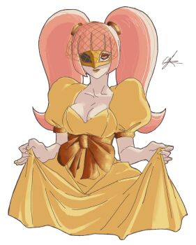 Rule 34 | 1girl, breasts, cleavage, clothes pull, cthulhu mythos, dress, dress pull, estir, iamjustagremlin, long hair, looking at viewer, mask, pink hair, puffy short sleeves, puffy sleeves, short sleeves, solo, sucker for love, twintails, yellow dress