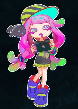 Rule 34 | 1girl, baitong, baseball cap, black background, black shirt, bracelet, colored eyelashes, drooling, fish, green eyes, green skirt, handheld game console, harmony (splatoon), hat, highres, holding, holding handheld game console, jewelry, joy-con, multicolored eyes, neon palette, nintendo, nintendo switch, oversized shoes, pink hair, print shirt, purple shoes, shirt, shoes, skirt, sneakers, splatoon (series), splatoon 3, tentacle hair
