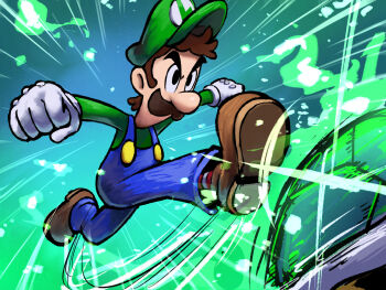 1boy angry blue_overalls boots brown_boots brown_hair facial_hair fire gloves green_fire green_hat green_shell_(mario) green_shirt hat highres kicking long_sleeves luigi male_focus mario_&amp;_luigi:_brothership mario_&amp;_luigi_rpg mario_(series) masanori_sato_(style) mustache newsboy_cap nintendo outstretched_arms overalls shirt short_hair socks spread_arms striped_clothes striped_socks turtle_shell white_gloves yamari_(ya_mari_6363)