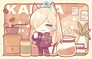 1girl animal_ear_fluff animal_ears artist_name black_gloves blonde_hair blue_archive blush_stickers book brown_jacket brown_necktie brown_pantyhose brown_shirt brown_shoes brown_skirt character_name chibi chibi_only coffee_maker collared_shirt commentary cup extra_ears fox_ears full_body gloves grin hair_over_one_eye highres holding holding_cup jacket jar kanna_(blue_archive) long_hair long_sleeves looking_at_viewer mug nada_namie necktie open_clothes open_jacket pantyhose plant purple_eyes shirt shoes skirt smile solo standing twitter_username vase