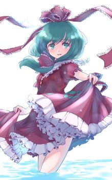 1girl arm_ribbon collar commentary_request dress feet_out_of_frame frilled_collar frilled_dress frilled_ribbon frills front_ponytail green_eyes green_hair hair_ribbon kagiyama_hina light_blush parted_lips petticoat puffy_short_sleeves puffy_sleeves rangycrow red_dress red_ribbon ribbon short_sleeves skirt_hold solo touhou wading water white_background