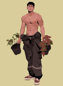 1boy abs absurdres artist_name black_eyes black_hair closed_mouth commentary english_commentary full_body highres holding holding_plant jewelry male_focus muscular muscular_male necklace nipples nj_(diar0za) original pectorals plant potted_plant short_hair solo standing topless_male yellow_background