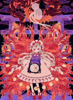 1girl absurdres boku_(isizakitakasi) bright_pupils cloud dress frilled_dress frills grey_hair halo hat hat_ribbon highres long_hair long_sleeves looking_at_viewer mob_cap moon_phases no_nose purple_tabard red_eyes red_ribbon red_sandals ribbon sandals smile solo tabard touhou white_dress white_hat white_pupils wide_shot yakumo_yukari