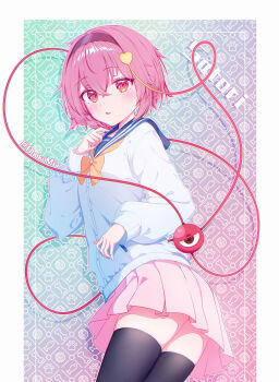 1girl absurdres adapted_costume animal_hands aqua_background artist_name black_thighhighs blue_background blue_shirt blush bone border bow bowtie buttons commentary_request cowboy_shot crossed_bangs fish_background from_side gradient_background hair_between_eyes hairband hand_up heart_ornament highres komeiji_satori long_sleeves looking_at_viewer multicolored_background ohako_miyu open_mouth orange_bow orange_bowtie outside_border pink_background pink_eyes pink_skirt pleated_skirt puffy_long_sleeves puffy_sleeves purple_background purple_hair purple_hairband sailor_collar shadow shirt short_hair skirt solo standing thighhighs thighs third_eye touhou white_border