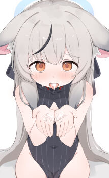 1girl absurdres animal_ear_fluff animal_ears bare_shoulders black_dress black_hair blue_archive blue_halo blush china_dress chinese_clothes clothing_cutout covered_navel cowboy_shot cum cum_in_mouth cum_on_body cum_on_hands cum_on_tongue cupping_hands diamond_cutout dress droopy_ears furrowed_brow grey_hair halo highres jacket kokona_(blue_archive) loli long_hair looking_at_viewer looking_up multicolored_hair nicomi-chan orange_eyes own_hands_together simple_background solo straight-on streaked_hair striped_clothes striped_dress striped_jacket sweatdrop tearing_up textless_version tiger_ears tiger_girl tongue tongue_out vertical-striped_clothes vertical-striped_dress vertical-striped_jacket white_background