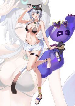 1girl ;o animal_ears baseball_cap bikini black_bikini blue_eyes breasts cat_ears cat_girl cat_tail cipher_(honkai:_star_rail) cleavage commentary full_body grey_hair hat heart heart-shaped_pupils higashiwun_izumi highres honkai:_star_rail honkai_(series) large_breasts navel one_eye_closed sandals short_hair_with_long_locks short_shorts shorts spirithief_bartholos_(honkai:_star_rail) stomach swimsuit symbol-only_commentary symbol-shaped_pupils tail thigh_strap thighs toes white_shorts zoom_layer