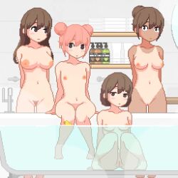 4girls animated bathtub black_hair blush breasts breathing_(animated) collarbone completely_nude double_bun female_pubic_hair flat_chest hair_bun indoors jitome large_breasts legs_together looking_at_viewer looping_animation medium_breasts multiple_girls navel nipples nude one-piece_tan original partially_submerged partially_underwater_shot pink_hair pixel_art pompom_studio pubic_hair pussy rubber_duck shelf sitting small_breasts standing tagme tan tanline towel video water