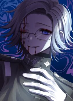1boy aotsuki_eito black_jacket blood blood_from_forehead blood_from_mouth bori_044 broken_eyewear commentary eyeshadow gakuran glasses gloves grey_hair grin highres jacket last_defense_academy_school_uniform looking_at_viewer makeup male_focus portrait purple_eyes red_eyeshadow school_uniform short_hair smile solo the_hundred_line_-last_defense_academy- white_gloves