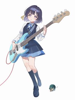 1girl :o bass_guitar black_socks blue_ribbon blue_skirt blue_vest blush chibigurumi collared_shirt eighth_note fender_jazz_bass full_body gakuen_idolmaster hair_ornament hataya_misuzu hatsuboshi_gakuen_school_uniform highres idolmaster instrument kamin_(monemasu) kneehighs loafers long_sleeves looking_at_viewer mole mole_under_mouth music musical_note neck_ribbon playing_bass_guitar playing_instrument pleated_skirt purple_eyes purple_hair ribbon school_uniform shirt shoes short_hair simple_background skirt socks solo tassel tassel_hair_ornament tsukimura_temari vest white_background white_shirt