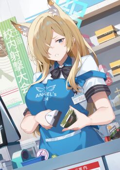 1girl alternate_costume animal_ear_fluff animal_ears apron barcode_scanner black_bow black_bowtie blonde_hair blue_apron blue_archive blue_eyes blue_halo bow bowtie breasts cash_register cashier clenched_teeth clothes_writing collared_shirt commentary commission dog_ears dog_girl employee_uniform english_commentary hack_waltz hair_over_one_eye halo highres holding holding_barcode_scanner indoors kanna_(blue_archive) large_breasts long_hair looking_at_object looking_down one_eye_covered parted_bangs shirt short_sleeves solo teeth upper_body vgen_commission white_shirt