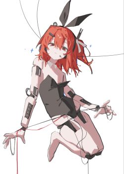 1girl a.i._voice adachi_rei android animal_ear_hairband animal_ears black_leotard bow breast_slip cable closed_mouth commentary computer_chip control_panel detached_collar expressionless fake_animal_ears flat_chest floating hair_bow hair_ornament hairband hairclip headlamp headset highres joints lens_eye leotard light_frown looking_at_viewer mechanical_arms mechanical_legs medium_hair one_side_up orange_eyes orange_hair playboy_bunny rabbit_ear_hairband rabbit_ears radio_antenna ribbon robot robot_girl robot_joints rui_60 simple_background sparkle strapless strapless_leotard utau white_background white_ribbon white_wrist_cuffs wire wire_manipulation wrist_cuffs
