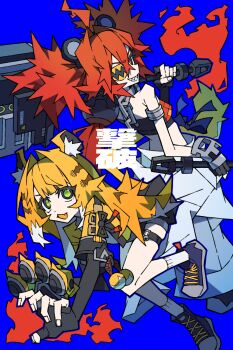 2girls animal_ear_fluff animal_ear_hairband animal_ears armband asymmetrical_gloves bare_shoulders bear_ear_hairband bear_ears blonde_hair blue_background chain chain_leash claws collar crop_top elbow_gloves eyepatch fake_animal_ears fake_claws fang fingerless_gloves fire flame_print gloves green_eyes hair_ornament hairband hammer high-waist_shorts highres holding holding_hammer holding_weapon jacket ju_fufu koleda_belobog leash looking_at_another metal_collar multiple_girls open_mouth orange_fur pants red_eyes red_hair sharp_teeth shorts single_elbow_glove smile sparkle sparkling_eyes sphere_hair_ornament striped_fur striped_hair tail teeth thigh_strap tiger_ears tiger_girl tiger_stripes tiger_tail uneven_gloves weapon white_pants yellow_jacket zenless_zone_zero zito_(zito222)