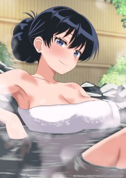 1girl absurdres arato_nagi bathing black_hair breasts bush cleavage closed_mouth commentary_request hair_bun highres kenja_panda large_breasts looking_at_viewer naked_towel onsen partially_submerged rock ruri_no_houseki single_hair_bun smile solo towel water