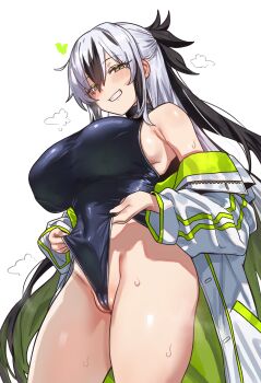 1girl absurdres adapted_costume armpit_crease black_hair black_one-piece_swimsuit breasts clothes_pull ebora fate/grand_order fate_(series) frontal_wedgie green_eyes grin hair_between_eyes highres large_breasts long_hair looking_at_viewer multicolored_hair nagao_kagetora_(fate) one-piece_swimsuit one-piece_swimsuit_pull partially_visible_vulva pulling_own_clothes self_wedgie sideboob smile solo swimsuit two-tone_hair uesugi_kenshin_(second_ascension)_(fate) very_long_hair wedgie white_background white_hair