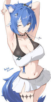 1girl absurdres animal_ear_fluff animal_ears armpits arms_up artist_name bare_shoulders black_collar blue_hair breasts character_request chinese_commentary cleavage collar collarbone commentary_request crop_top ear_ornament hair_between_eyes hair_intakes hand_on_own_arm highres incredibly_absurdres indie_virtual_youtuber jewelry kuriball large_breasts looking_at_viewer midriff miniskirt multicolored_hair navel necklace one_eye_closed parted_lips pleated_skirt short_hair simple_background skirt smile solo spiked_collar spikes standing star_(symbol) star_necklace streaked_hair tail thighs virtual_youtuber white_background white_hair white_skirt white_streaks yellow_eyes