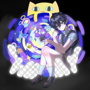 1other 2girls 5boys :3 :d ^_^ absurdres animal antenna_hair aqua_hair aubrey_(headspace)_(omori) aubrey_(omori) bangbang95261 basil_(headspace)_(omori) basil_(omori) big_yellow_cat_(omori) black_background black_eyes black_hair black_shoes black_sweater_vest blue_dress blue_flower blue_overalls bow bright_pupils brother_and_sister brothers brown_shorts carrying carrying_person cat checkered_clothes checkered_shirt chibi chinese_commentary closed_eyes closed_mouth collared_shirt commentary_request double-parted_bangs dress dual_persona empty_eyes fish_bunny_(omori) flower flower_wreath frown full_body glowing green_shirt hair_between_eyes hair_bow hands_up head_wreath hero_(headspace)_(omori) hero_(omori) highres kel_(headspace)_(omori) kel_(omori) kneehighs knees_together_feet_apart knees_up looking_ahead looking_at_viewer looking_up mari_(headspace)_(omori) mari_(omori) multiple_boys multiple_girls omori omori_(omori) open_mouth overall_shorts overalls pink_bow pink_flower purple_flower purple_hair saturn_(planet) shirt shoes short_dress short_hair short_sleeves shorts siblings simple_background sitting smile socks solo_focus sparkle spelling_bee_(omori) sprout_mole star_(symbol) sunny_(omori) sweater_vest tearing_up white_pupils white_shirt white_socks