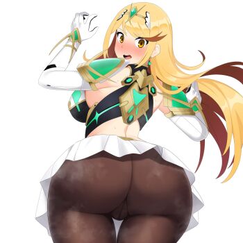 1girl 2024 amibanottoki armor arms_up ass ass_focus back backboob black_dress black_gloves blonde_hair blush breasts cameltoe commentary cowboy_shot cuffs dress elbow_gloves female_focus foreshortening from_behind gloves highres huge_ass large_breasts long_hair looking_at_viewer looking_back microdress monolith_soft mythra_(xenoblade) nintendo nose_blush official_alternate_costume open_mouth pauldrons shoulder_armor simple_background solo steaming_body straight_hair super_smash_bros. surprised swept_bangs tareme tiara two-tone_dress two-tone_gloves white_dress white_gloves xenoblade_chronicles_(series) xenoblade_chronicles_2 yellow_eyes