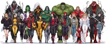 absurdres animal_print armor avengers_(series) bag bandana black_cat_(marvel) black_hair black_panther_(marvel) blonde_hair bodysuit breasts brown_hair carnage_(marvel) colored_skin corset dark-skinned_female dark_skin denim doctor_doom elektra_natchios emma_frost facial_hair fantastic_four felicia_hardy fur_trim glasses gloves green_skin highres hood hooded_bodysuit huge_weapon hulk in-hyuk_lee jeans long_hair long_tongue magik_(x-men) male_focus marvel miles_morales monster_boy multiple_boys multiple_girls muscular muscular_male open_mouth pants pig psylocke sai_(weapon) scarf sharp_teeth she-hulk short_hair slime_boy spider-ham spider-man spider-man_(miles_morales) spider-man_(series) spider-verse spider_print spider_web_print storm_(x-men) sue_storm superhero_costume sword symbiote teeth thor_(marvel) thor_(marvel)_(series) tongue venom_(marvel) very_long_tongue weapon white_hair winter_clothes wolverine_(x-men) x-men yoga_pants