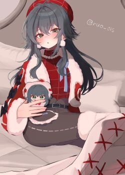 Rule 34 | 1girl, antenna hair, arm support, bead necklace, beads, belt, belt buckle, beret, black belt, black hair, blush, boots, buckle, character doll, chibigurumi, commentary request, doll, earrings, feet out of frame, fur-trimmed jacket, fur trim, gakuen idolmaster, green eyes, green hair, hat, highres, holding, holding doll, idolmaster, indoors, jacket, jewelry, knee boots, long hair, looking at viewer, necklace, open mouth, red hat, red jacket, red shirt, ruo 015, shirt, sitting, solo, tsukimura temari, turtleneck, turtleneck shirt, twitter username, white boots