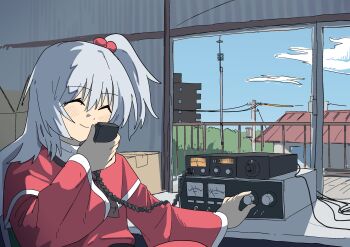 1girl ^_^ absurdres beads blue_sky blush_stickers box closed_eyes cloud commentary_request day hair_beads hair_ornament highres house indoors leftame long_sleeves ponytail radio_transceiver red_shirt shinki_(touhou) shirt sky smile touhou touhou_(pc-98) white_hair white_trim wide_sleeves