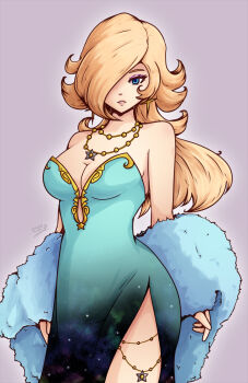 1girl bare_shoulders blonde_hair blue_dress blue_eyes breasts cleavage dress earrings hair_over_one_eye highres jewelry ladymaggie large_breasts long_hair looking_at_viewer mario_(series) nintendo rosalina solo star_(symbol) star_earrings super_mario_galaxy