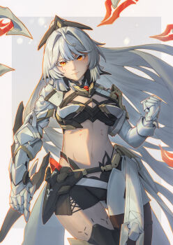 1girl absurdres armor armored_gloves black_shorts breasts cleavage clenched_hand closed_mouth colored_eyelashes commentary_request erdos_helia erdos_helia_(planar_armament:_warped_spacetime) grey_hair hair_intakes headgear highres honkai_(series) honkai_impact_3rd long_hair looking_at_viewer medium_breasts navel orange_eyes red_pupils sekai_korekata_teki_o shorts smile solo stomach thighs very_long_hair