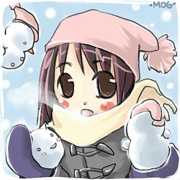 Rule 34 | 1girl, archived source, artist name, bad link, blue background, blue mittens, blush stickers, border, breath, brown eyes, coat, duffel coat, grey coat, hat, holding snowman, jang sun-yeong, looking at viewer, lowres, medium hair, mittens, open mouth, original, pink hat, pom pom (clothes), pom pom hat ornament, purple hair, scarf, simple background, sleeve cuffs, snowing, snowman, straight hair, toggles, white border, winter, winter clothes, yellow scarf