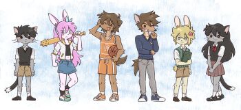 2girls 4boys absurdres animal_ears antenna_hair aubrey_(faraway)_(omori) aubrey_(omori) ball baseball_bat basil_(faraway)_(omori) basil_(omori) basketball_(object) black_eyes black_hair black_shoes black_sweater_vest blonde_hair blue_eyes blue_hairband blue_shoes blue_skirt blue_sweater blush book bright_pupils brother_and_sister brothers brown_hair brown_shoes brown_shorts cat_boy cat_ears cat_girl cat_tail closed_mouth collared_shirt commentary crop_top denim denim_skirt dog_boy dog_ears dog_tail double-parted_bangs english_commentary expressionless fang flower furrification furry furry_female furry_male green_sweater_vest grey_pants grin hair_between_eyes hair_flower hair_ornament hairband hero_(faraway)_(omori) hero_(omori) highres holding holding_ball holding_baseball_bat holding_book jacket kel_(faraway)_(omori) kel_(omori) loafers long_hair mari_(faraway)_(omori) mari_(omori) multiple_boys multiple_girls nail_(hardware) nail_bat omori one_eye_closed open_clothes open_jacket open_mouth orange_shoes orange_shorts pants pink_hair pleated_skirt rabbit_boy rabbit_ears rabbit_girl rabbit_tail red_skirt setosexual shirt shoes short-sleeved_jacket short_hair short_sleeves shorts siblings sidelocks skirt smile sneakers socks sunny_(omori) sweater sweater_vest tail teeth very_long_hair white_jacket white_pupils white_shirt white_socks
