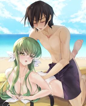 1boy 1girl absurdres applying_sunscreen arm_support ass bare_arms bare_shoulders barefoot beach bikini black_hair blue_sky blush boy_on_top breasts budgiepon c.c. chest_tattoo closed_eyes cloud code_geass collarbone commentary couple crossed_bangs crossed_legs day drooling embarrassed eyelashes eyes_visible_through_hair feet foot_up furrowed_brow green_hair hair_between_eyes hair_censor hair_over_breasts hair_ribbon hair_spread_out head_tilt hetero highres kneeling lelouch_vi_britannia lips long_hair lying medium_breasts mouth_drool ocean on_stomach open_mouth outdoors ribbon sexually_suggestive short_hair sidelocks sky soles sweat sweatdrop swimsuit tattoo teeth the_pose toes topless_female topless_male unworn_bikini_top upper_teeth_only v-shaped_eyebrows very_long_hair white_bikini white_ribbon yellow_eyes