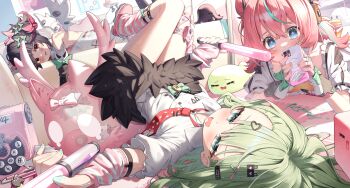 Rule 34 | 3girls, absurdres, angels of delusion, aqua hair, aria (zenless zone zero), arm warmers, backpack, bag, black hair, black skirt, blue eyes, cellphone, commentary, green eyes, green hair, hair ornament, hairclip, heart, heart hair ornament, highres, holding, holding phone, lying, maeru, multicolored hair, multiple girls, nangong yu, necktie, on back, on stomach, phone, pink hair, randoseru, red eyes, red necktie, shirt, skirt, striped arm warmers, sunna (zenless zone zero), thighs, two-tone hair, white shirt, zenless zone zero