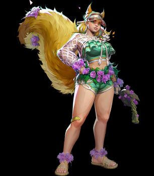 1girl 3d absurdres bandaid bikini blonde_hair breasts female_focus freckles full_body green_eyes hand_on_own_hip highres large_breasts looking_at_viewer marvel marvel_rivals medium_hair midriff official_art sandals solo squirrel squirrel_girl_(marvel) squirrel_girl_(sunshine_squirrel)_(marvel) swimsuit thick_thighs thighs toes