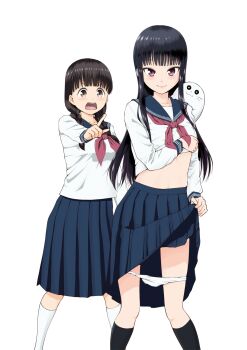 2girls animal animal_on_shoulder black_hair black_socks blue_sailor_collar blue_skirt braid brown_eyes closed_mouth clothes_lift feet_out_of_frame highres kx_rx_hx lifting_own_clothes long_sleeves looking_at_viewer miyakonojou_reika multiple_girls neckerchief open_mouth panties panty_pull pleated_skirt pointing pointing_at_another red_neckerchief sailor_collar school_uniform seal_(animal) second-party_source serafuku shirt shirt_lift simple_background skirt skirt_lift smile socks standing straight_hair twin_braids underwear white_background white_panties white_shirt white_socks yatsuhashi_miyako yuugai_shitei_doukyuusei