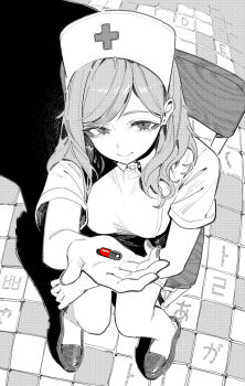 1girl chair closed_mouth ddal greyscale hat highres holding holding_pill long_hair looking_at_viewer monochrome nurse nurse_cap on_chair original pill shoes sitting smile solo spot_color