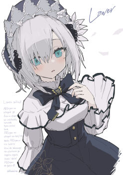 1girl :o ars_almal black_bodice black_bow black_dress black_skirt bow bowtie breasts capelet corset dress frilled_headdress frilled_sleeves frills gothic_lolita hand_on_own_chest headdress high-waist_skirt highres light_blush lolita_fashion long_sleeves looking_at_viewer medium_breasts nijisanji parted_lips petals puffy_sleeves shirt short_hair simple_background skirt solo tatami_kami twitter_username virtual_youtuber white_capelet white_hair white_shirt wide_sleeves