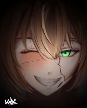 1girl absurdres ayunda_risu brown_hair close-up cracked_kawaii_mask eyelashes glowing glowing_eyes green_eyes hair_between_eyes highres hololive hololive_indonesia kud4rt one_eye_closed parted_lips signature smile solo teeth virtual_youtuber