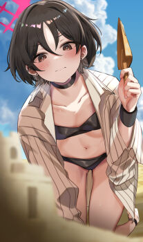 bandeau beach bikini bikini_under_clothes black_bandeau black_bikini blue_archive blurry blurry_foreground brown_hair commentary_request cross_halo halo highres holding holding_trowel kneeling misaki_(blue_archive) misaki_(swimsuit)_(blue_archive) navel official_alternate_costume pinstripe_pattern pinstripe_shirt red_halo sand_castle sand_sculpture shirt short_hair shovel star_halo striped_clothes striped_shirt swimsuit trowel vertical-striped_clothes vertical-striped_shirt yu_ni_t
