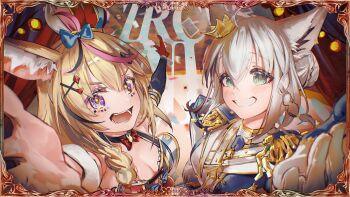 2girls absurdres ahoge animal_ears blonde_hair bow braid breasts crown epaulettes fox_ears fox_girl gloves grin hair_between_eyes hair_ornament hair_over_shoulder hat highres hololive hyde_(tabakko) jester_cap long_hair looking_at_viewer mini_crown multicolored_hair multiple_girls omaru_polka omaru_polka_(1st_costume) open_mouth pink_hair purple_eyes shirakami_fubuki side_braid single_braid smile streaked_hair symbol-shaped_pupils tilted_headwear virtual_youtuber