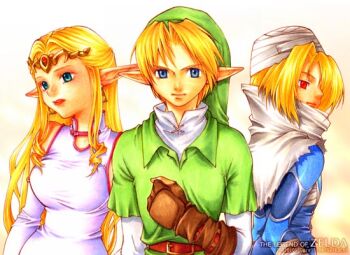 Rule 34 | 1boy, 2002, 2girls, artist name, bad id, bare shoulders, belt, belt buckle, blonde hair, blue eyes, breasts, brown gloves, buckle, clenched hand, commentary request, copyright name, dated, dual persona, earrings, gem, gloves, gold tiara, green tunic, jewelry, large breasts, link, long hair, multiple girls, nintendo, pointy ears, princess, princess zelda, red belt, red eyes, red gem, reverse trap, saikachi (ogre tree), sheik, short hair, the legend of zelda, the legend of zelda: ocarina of time, tiara, triforce, tunic, turban, white turban