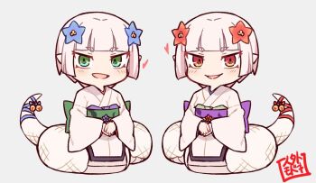 2girls :d bell blue_flower blue_ribbon blunt_bangs commentary flower full_body green_eyes green_sash hair_flower hair_ornament heart japanese_clothes jingai_modoki jingle_bell kimono lamia light_blush long_sleeves looking_at_viewer mon-musu_quest! monster_girl multiple_girls obi open_mouth own_hands_together pointy_ears purple_sash red_eyes red_flower red_ribbon ribbon sash seal_impression shirohebi-sama shirohebi_(younger)_(mon-musu_quest!) short_hair siblings simple_background sisters smile tail tail_bell tail_ornament tail_ribbon thick_eyebrows twins white_background white_hair white_scales wide_sleeves